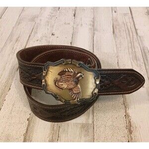 Vtg. 70s Quail Buckle Raintree Jewelry & Co On Hand Tooled Leather Belt Size 36